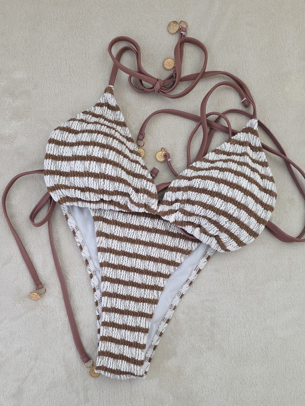 Women's Textured Smocked Stripe Triangle Bikini Set Brown Cream Size Small